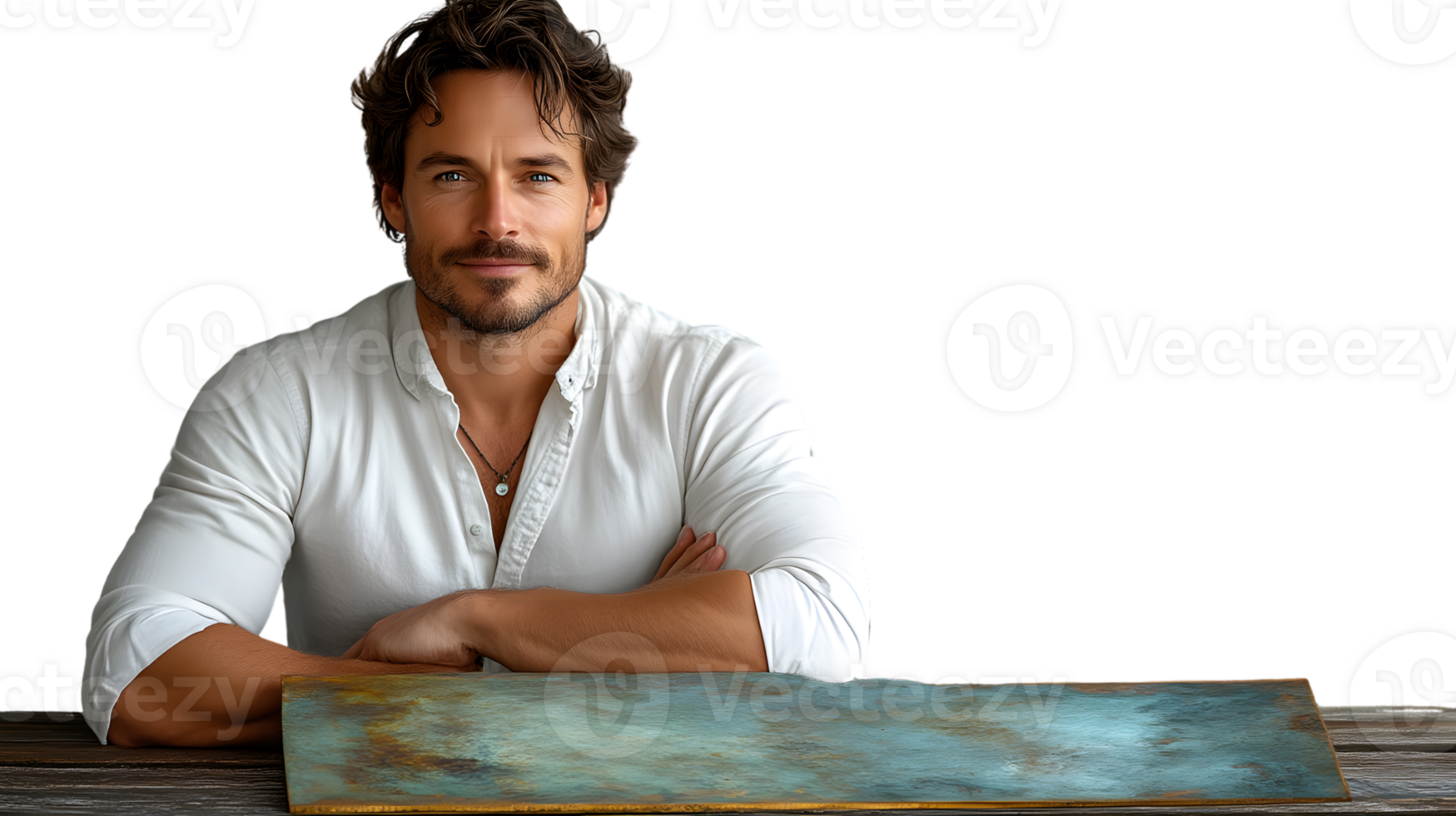 A man in a white shirt sitting at a rustic table exuding confidence and charm with his crossed png