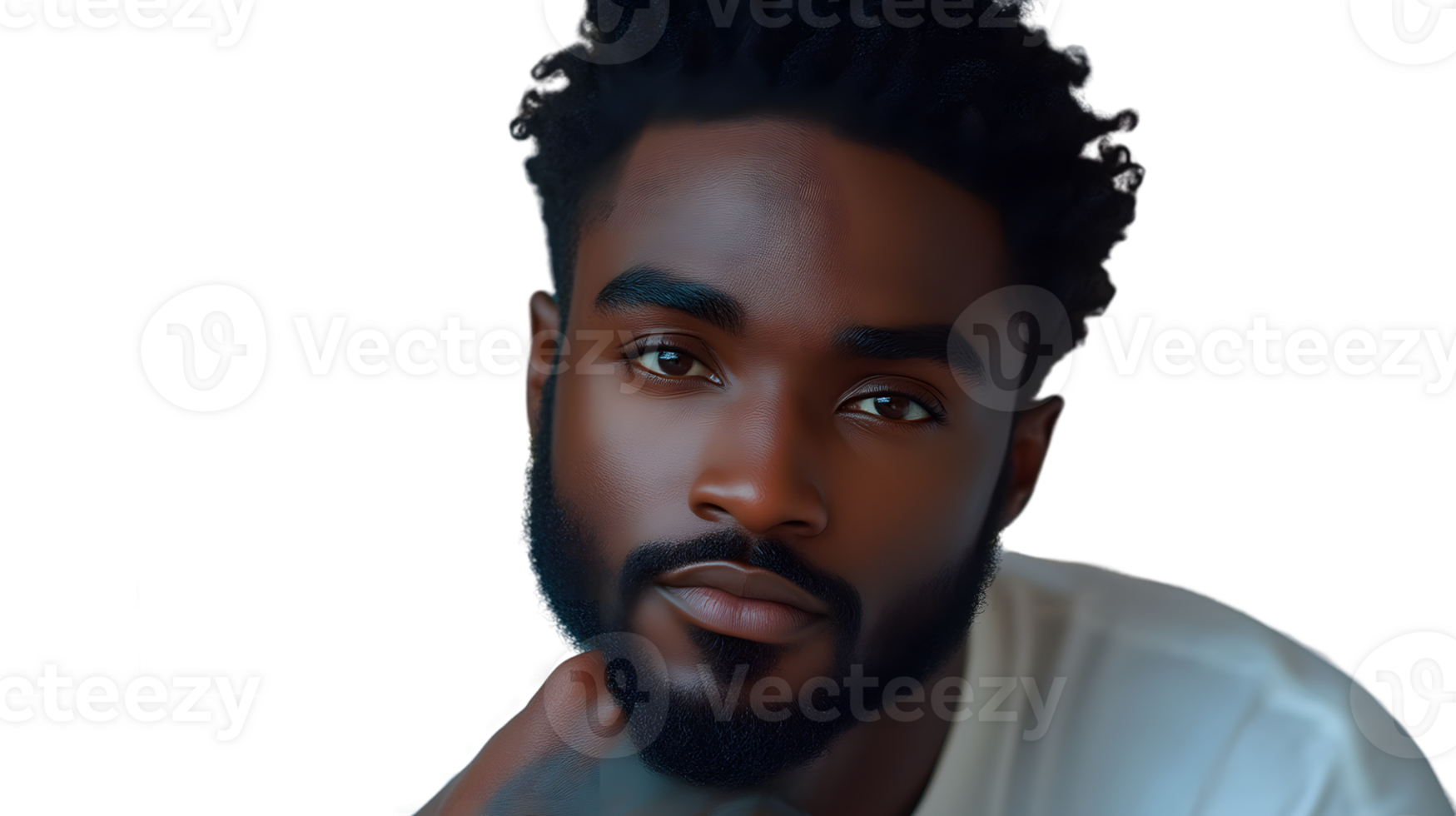 A man with a beard and afro hairstyle wearing a white shirt looking directly at the camera png