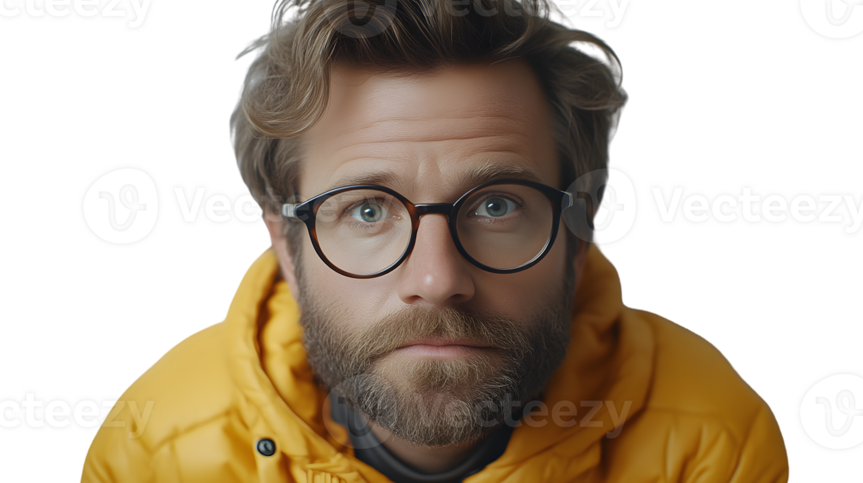 A man wearing glasses and a yellow jacket looking directly at the camera with a neutral expres png
