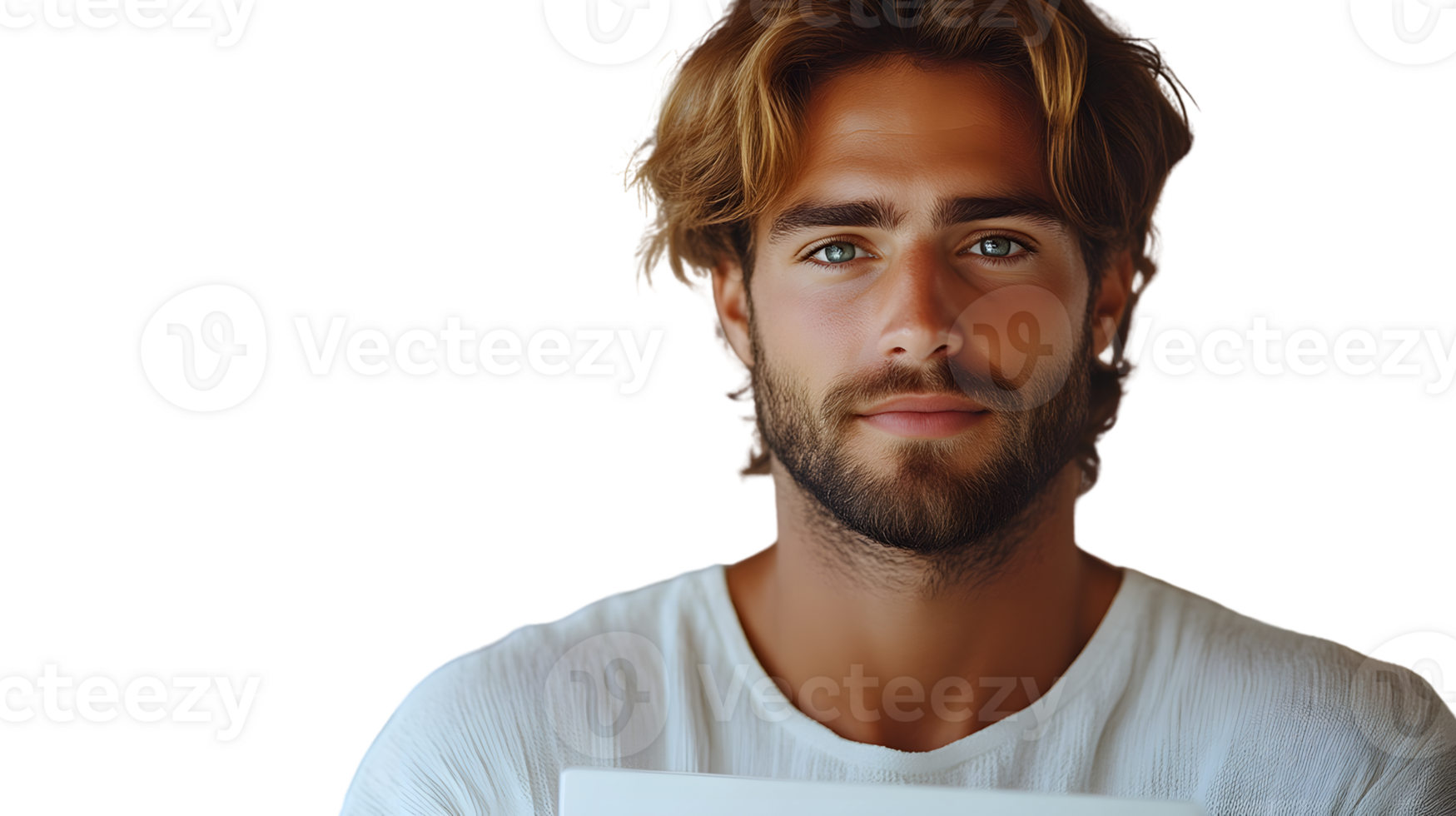 A man with a beard and casual attire holding a laptop ideal for business or technology themes png