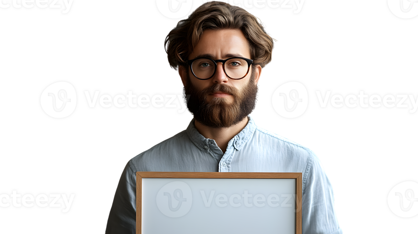 A man with a beard and glasses holding a blank frame perfect for mockups and presentations png
