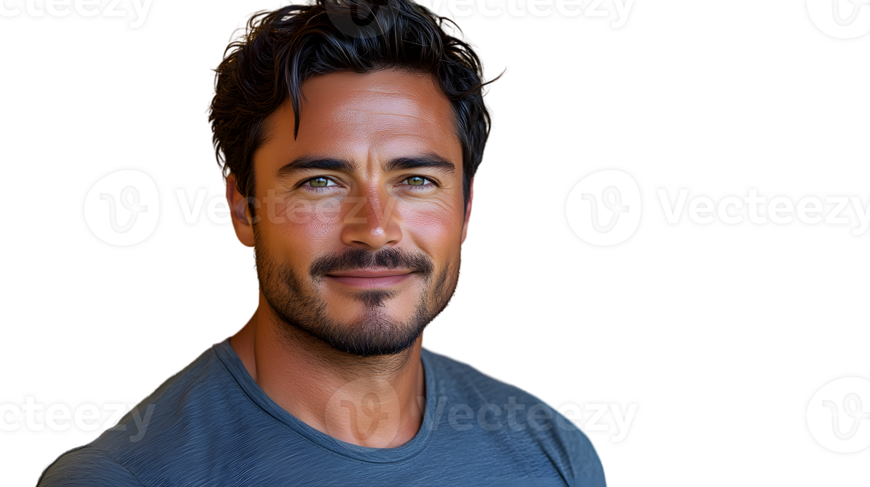 A man with a beard and green eyes wearing a casual gray shirt against a black background png