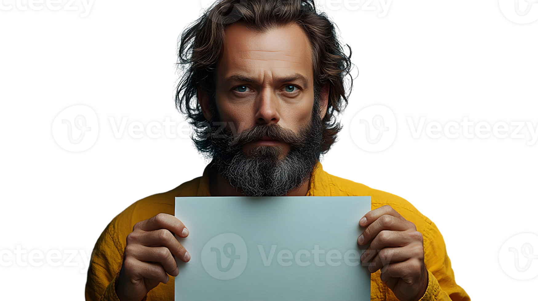 A man with a beard holding a blank sheet of paper ideal for mockups and presentations png