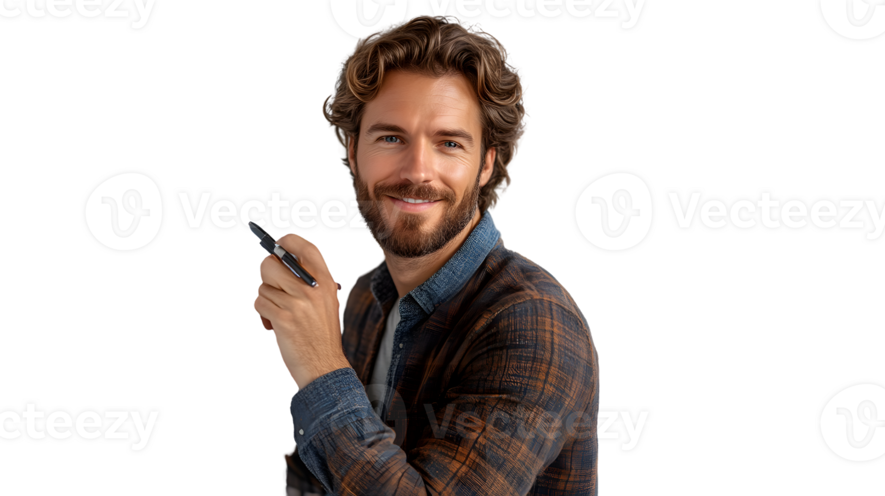 A man with a beard holding a pen dressed in a casual plaid shirt and denim jacket ready for w png
