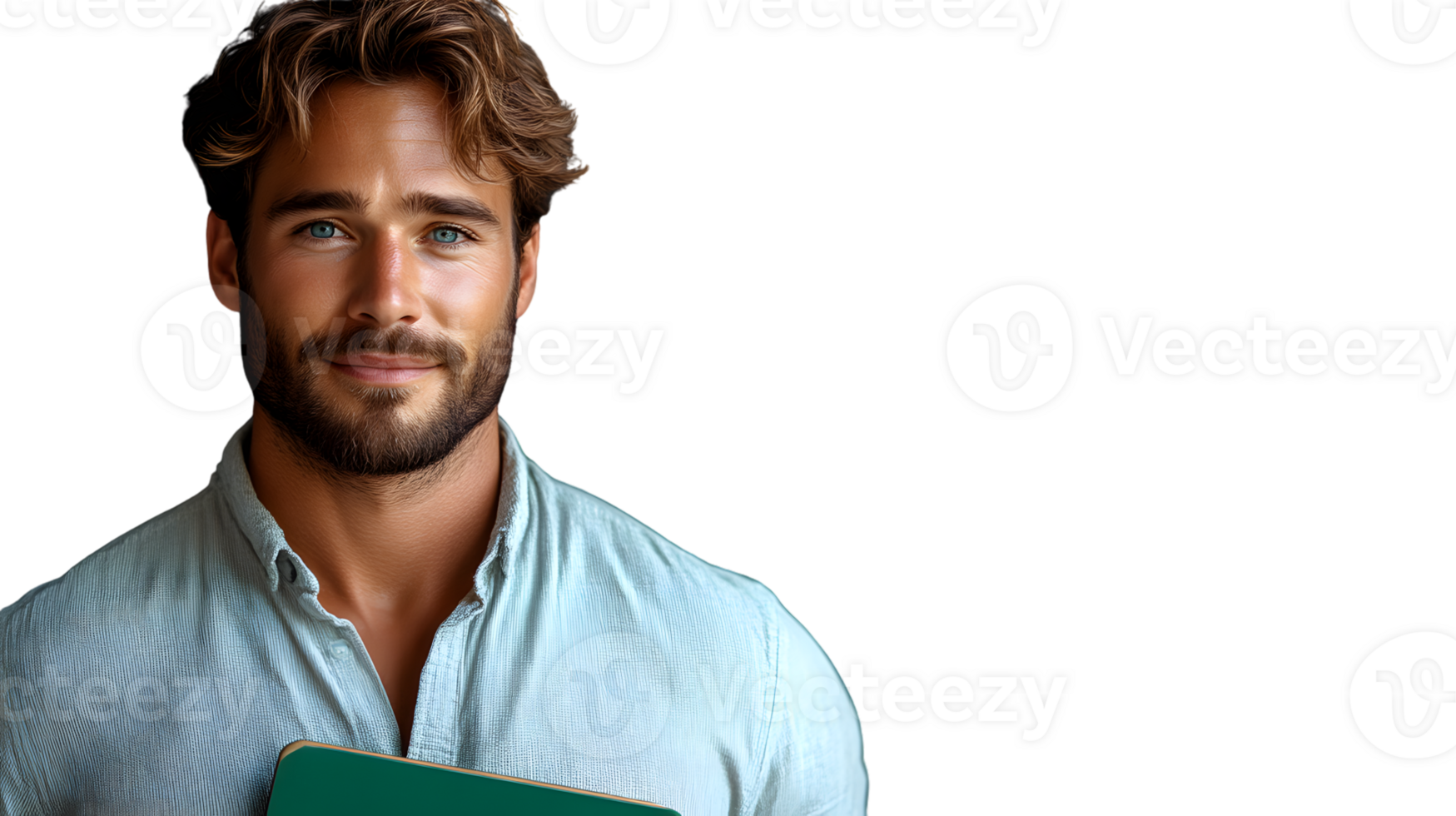 A man with a beard holding a green notebook dressed in a light blue shirt against a black back png