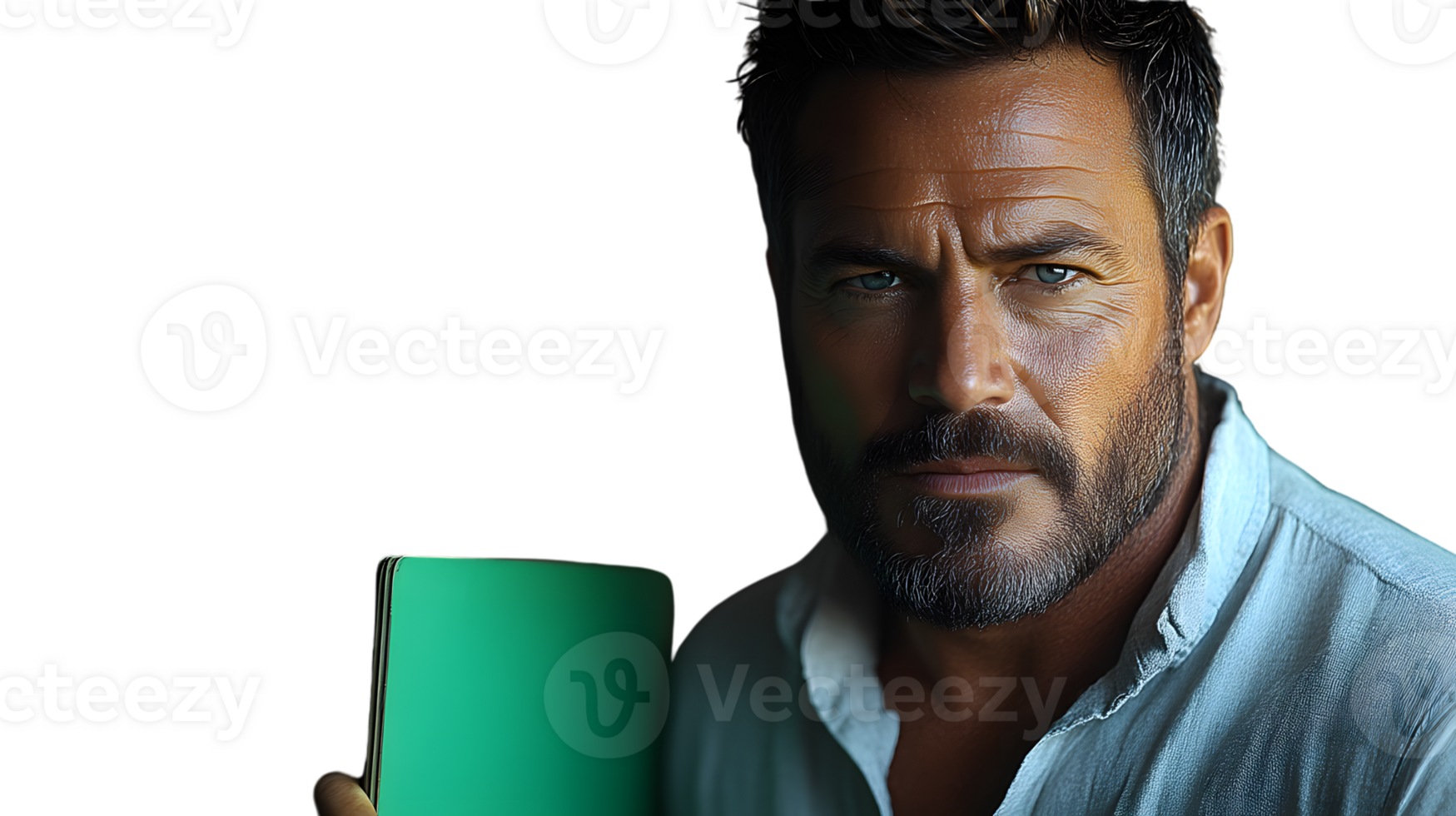 A man with a beard holding a teal colored object against a black background png