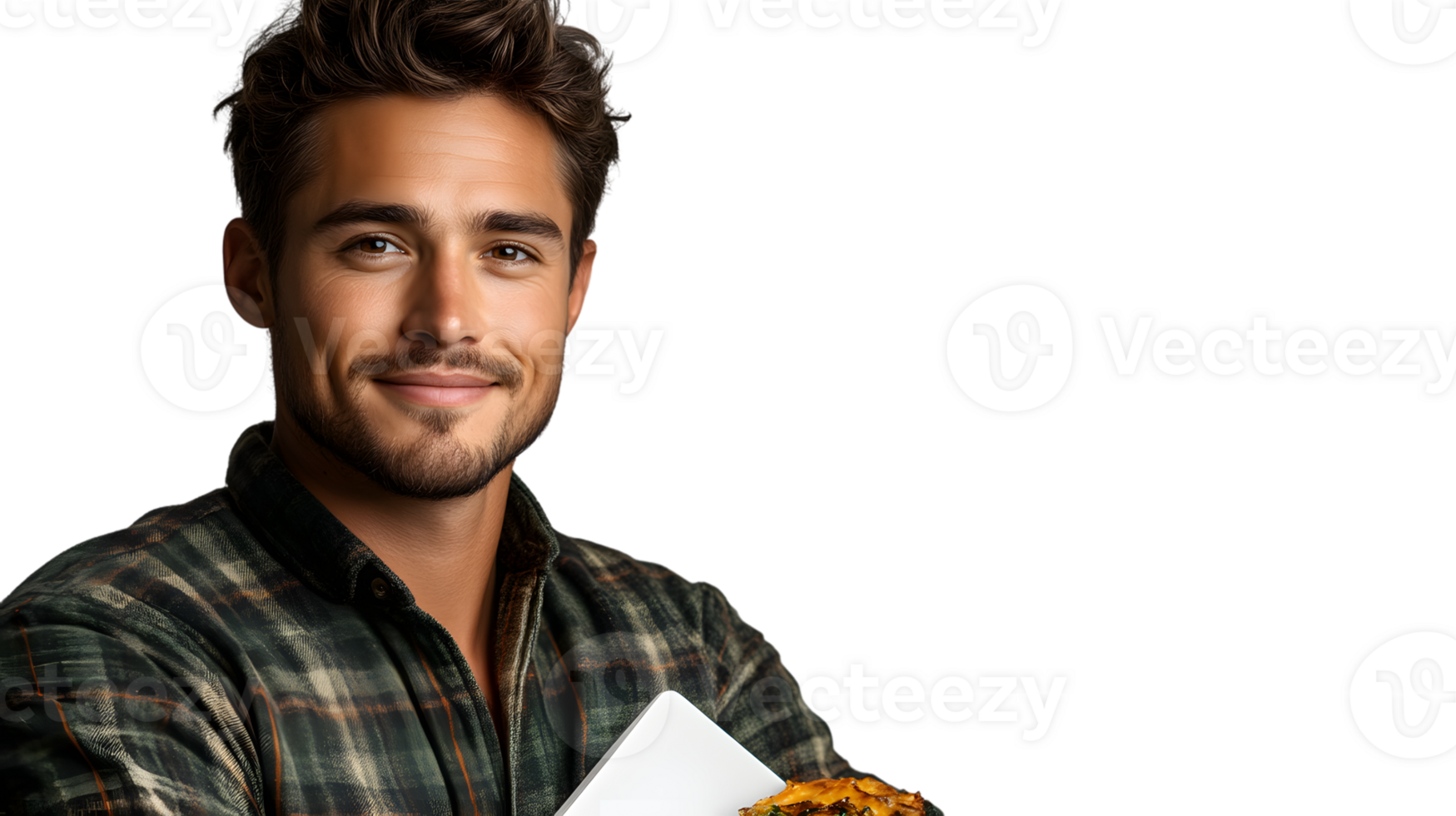 A man with a friendly smile holding a plate of food perfect for lifestyle and culinary themes png