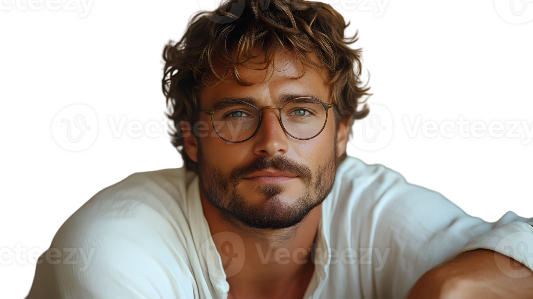A man with curly hair wearing glasses and a white shirt exuding a relaxed and stylish vibe for png