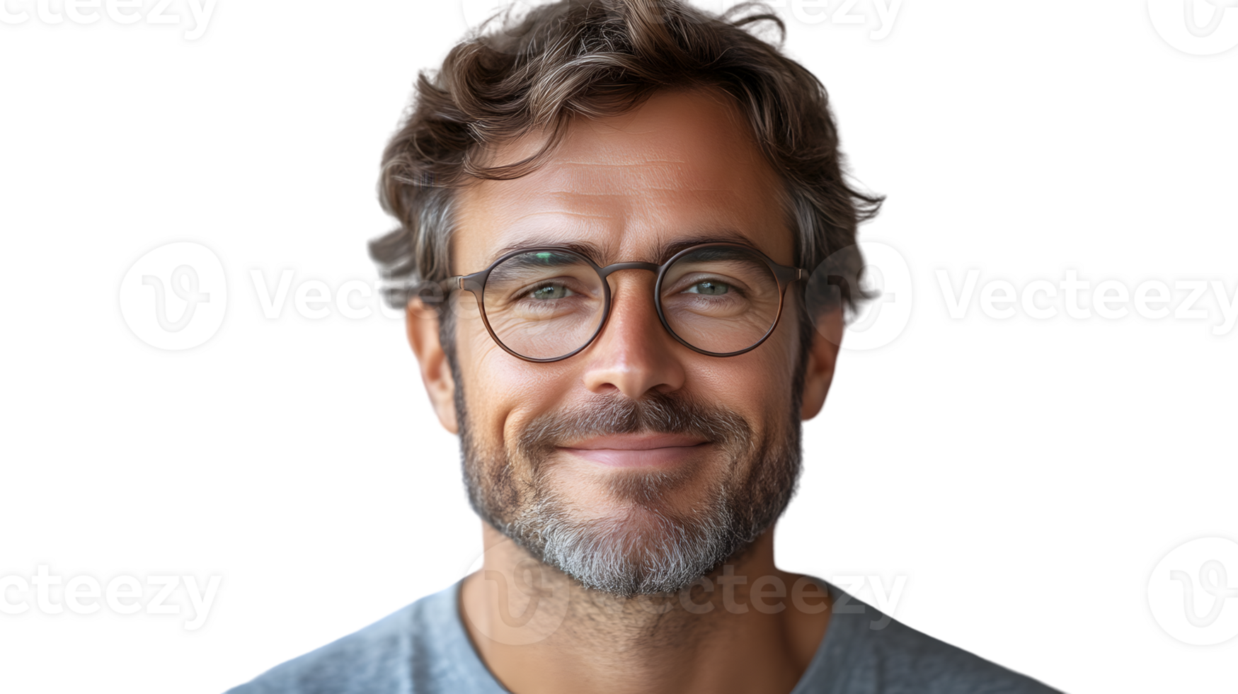 A man with glasses and a beard smiling warmly against a black background png