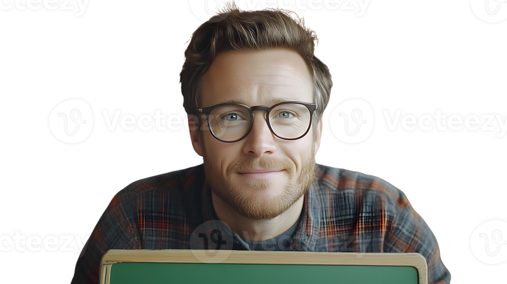 A man with glasses and a beard smiling while leaning on a green screen for presentations or vi png