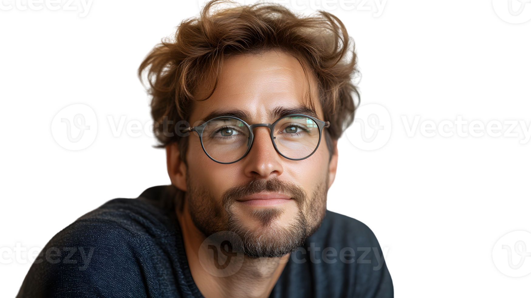 A man with glasses and a beard wearing a casual outfit against a black background png