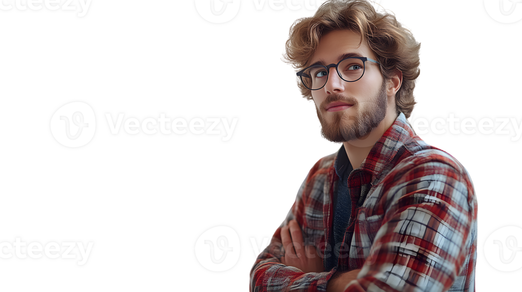 A man with glasses and a beard wearing a plaid shirt looking thoughtful against a black backgr png