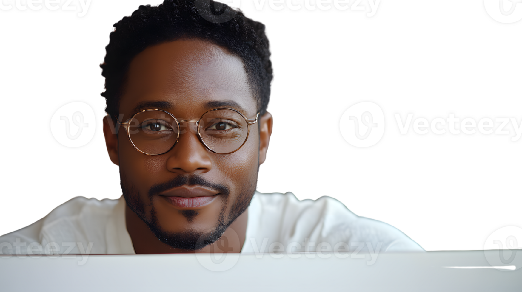 A man with glasses and a beard wearing a white shirt looking directly at the camera png