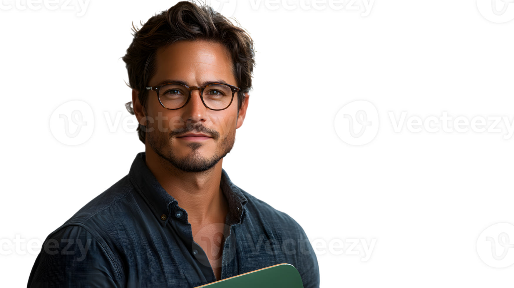 A man with glasses holding a book exuding intelligence and sophistication for educational or p png
