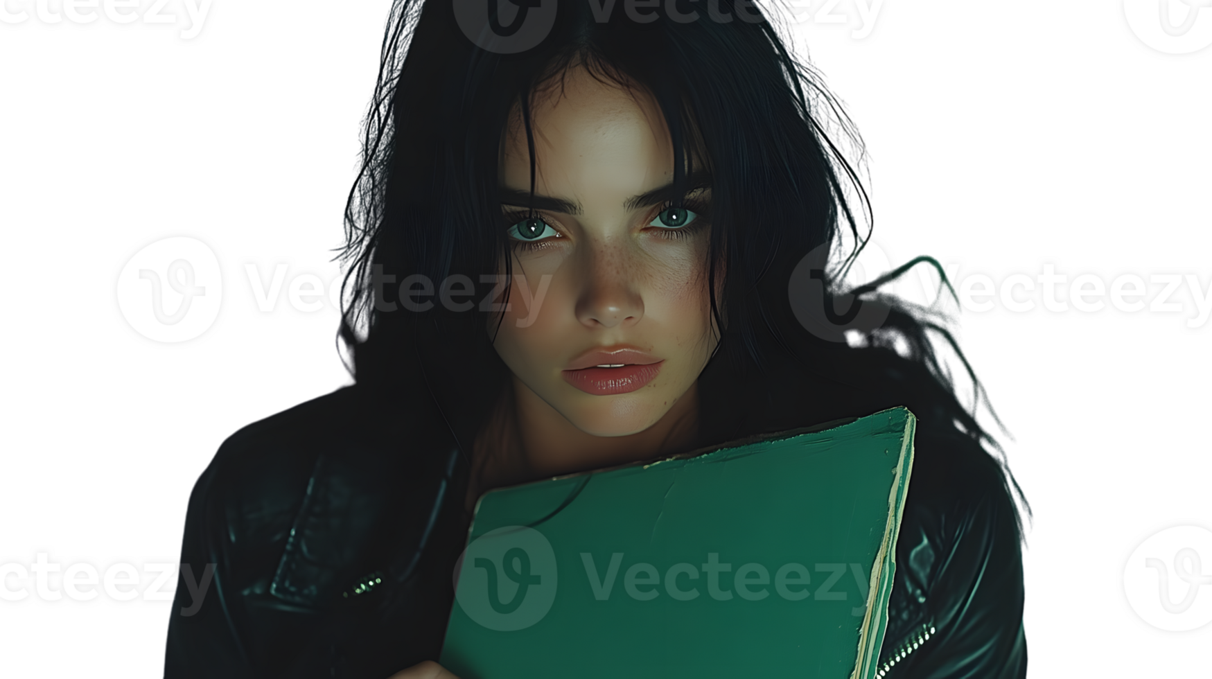 A mysterious figure holding a green book illuminated by soft light in a dark setting png