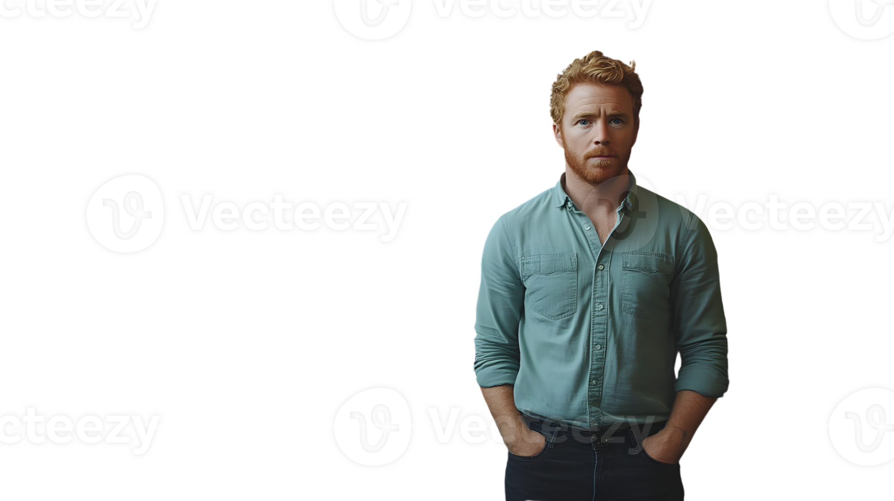 A man with red hair and beard wearing a casual shirt standing confidently with hands in pocket png