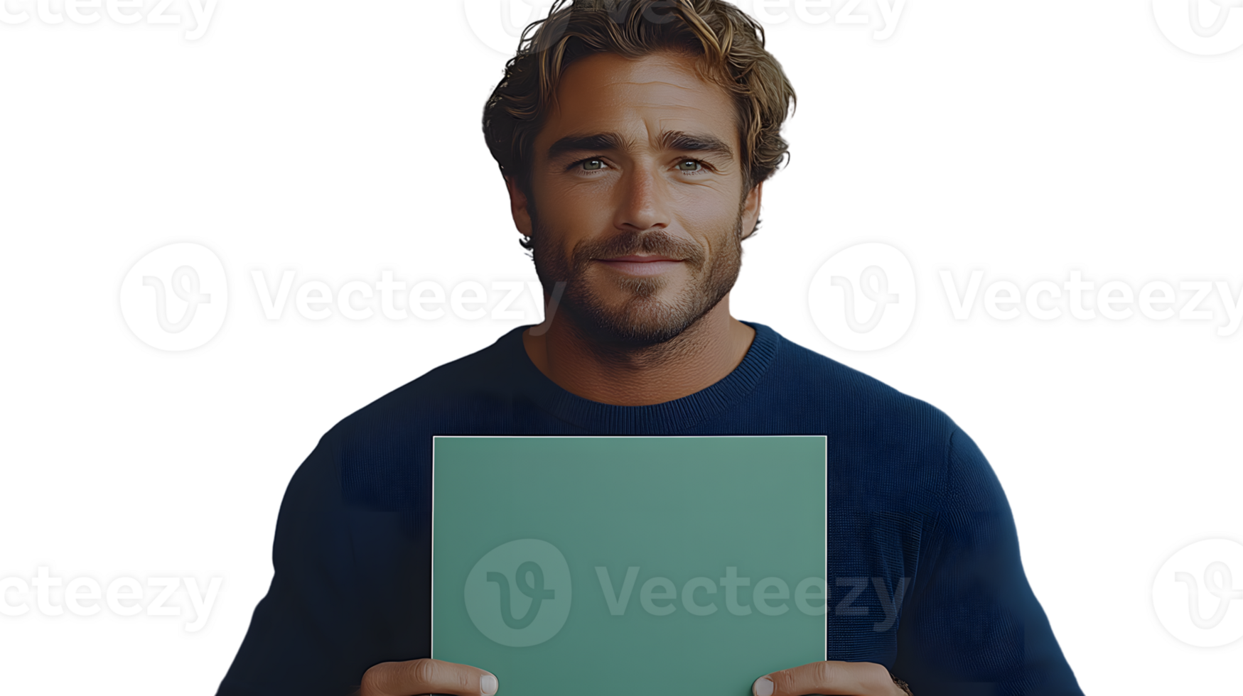 A person holding a blank green board ideal for presentations and mockups with a neutral backg png