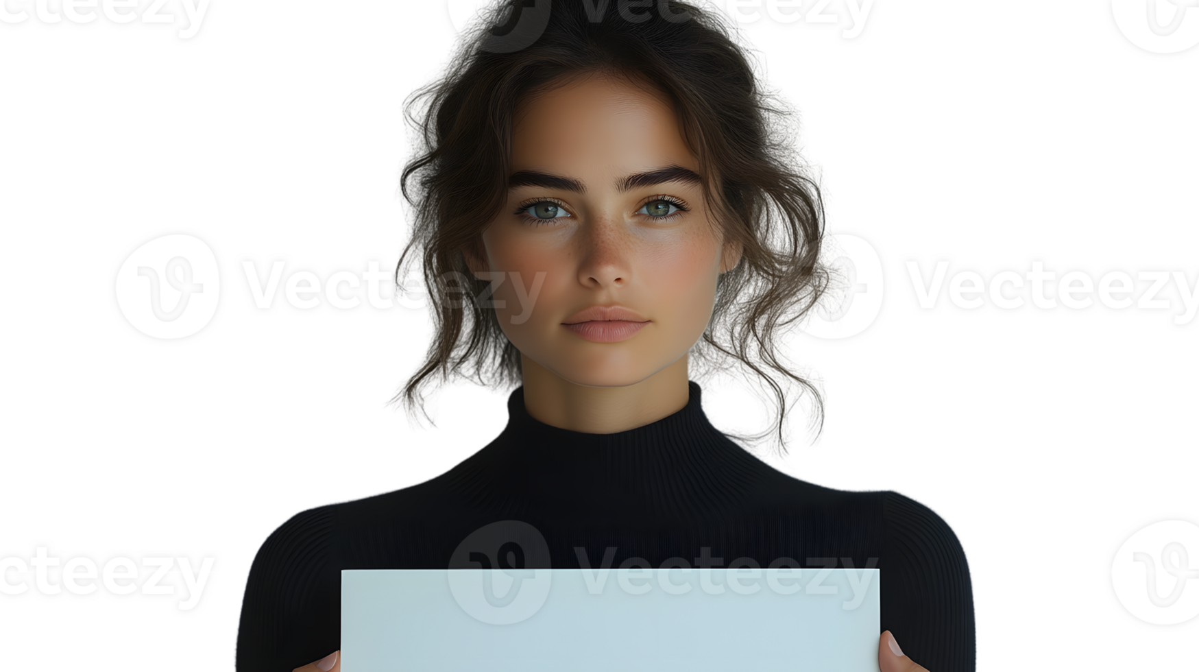 A person holding a blank sign dressed in a black turtleneck with soft lighting highlighting t png