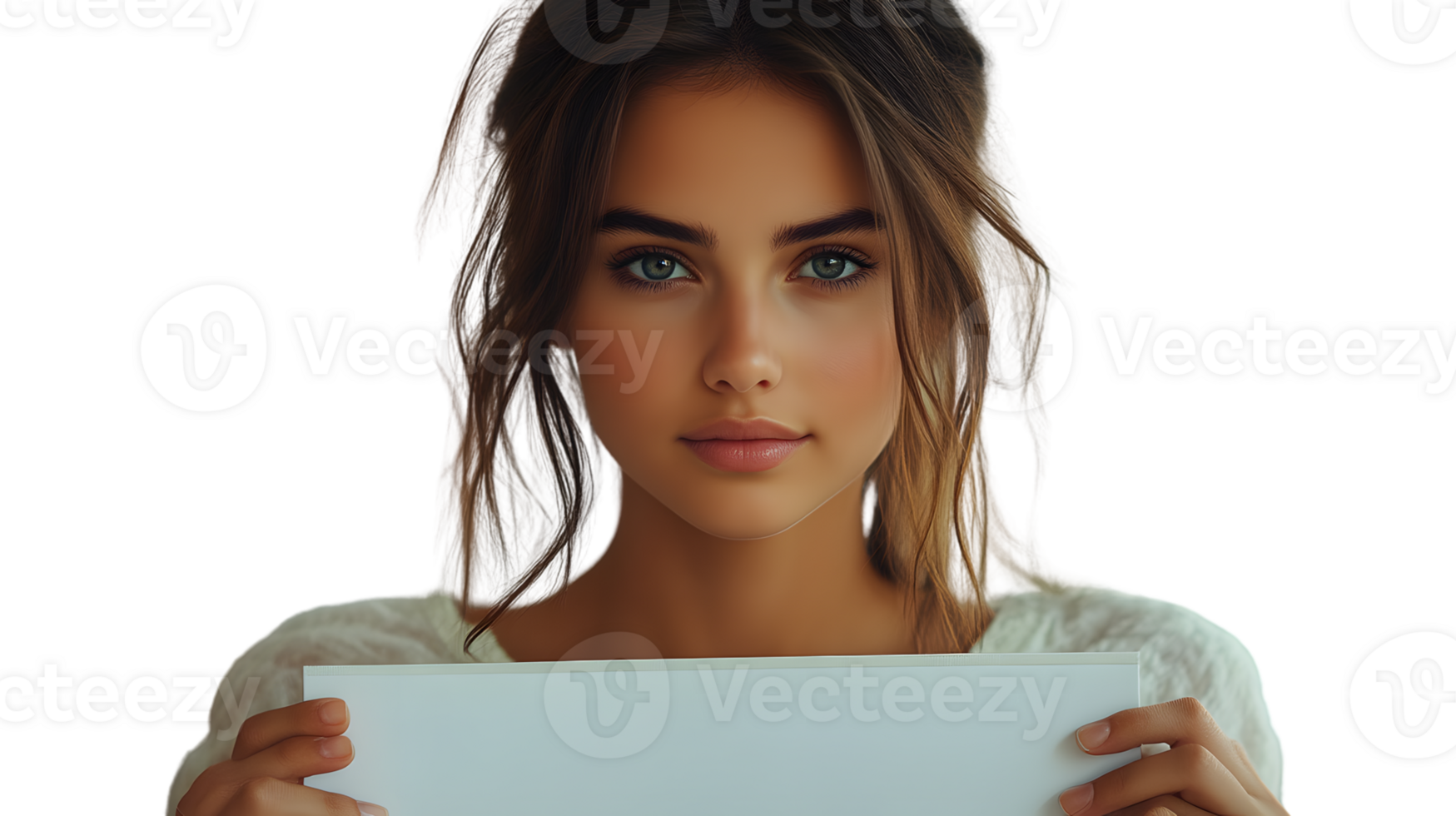 A person holding a blank sign ideal for messages or announcements with a neutral expression a png