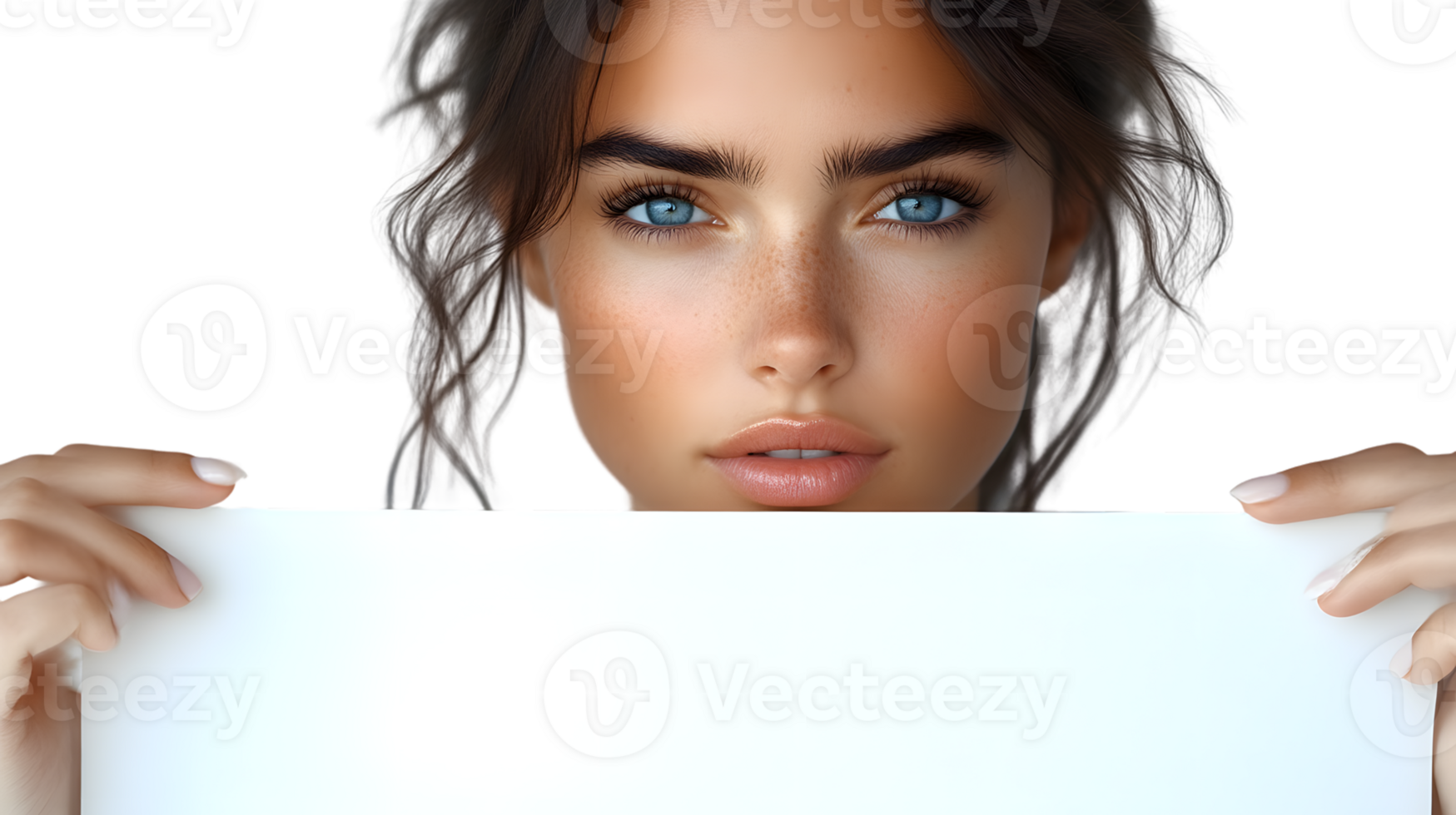 A person holding a blank sign ideal for messages or announcements with expressive eyes and na png