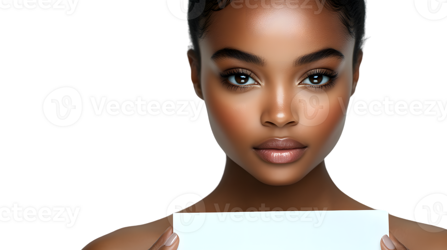 A person holding a blank sign ready for customization with a neutral expression and natural b png