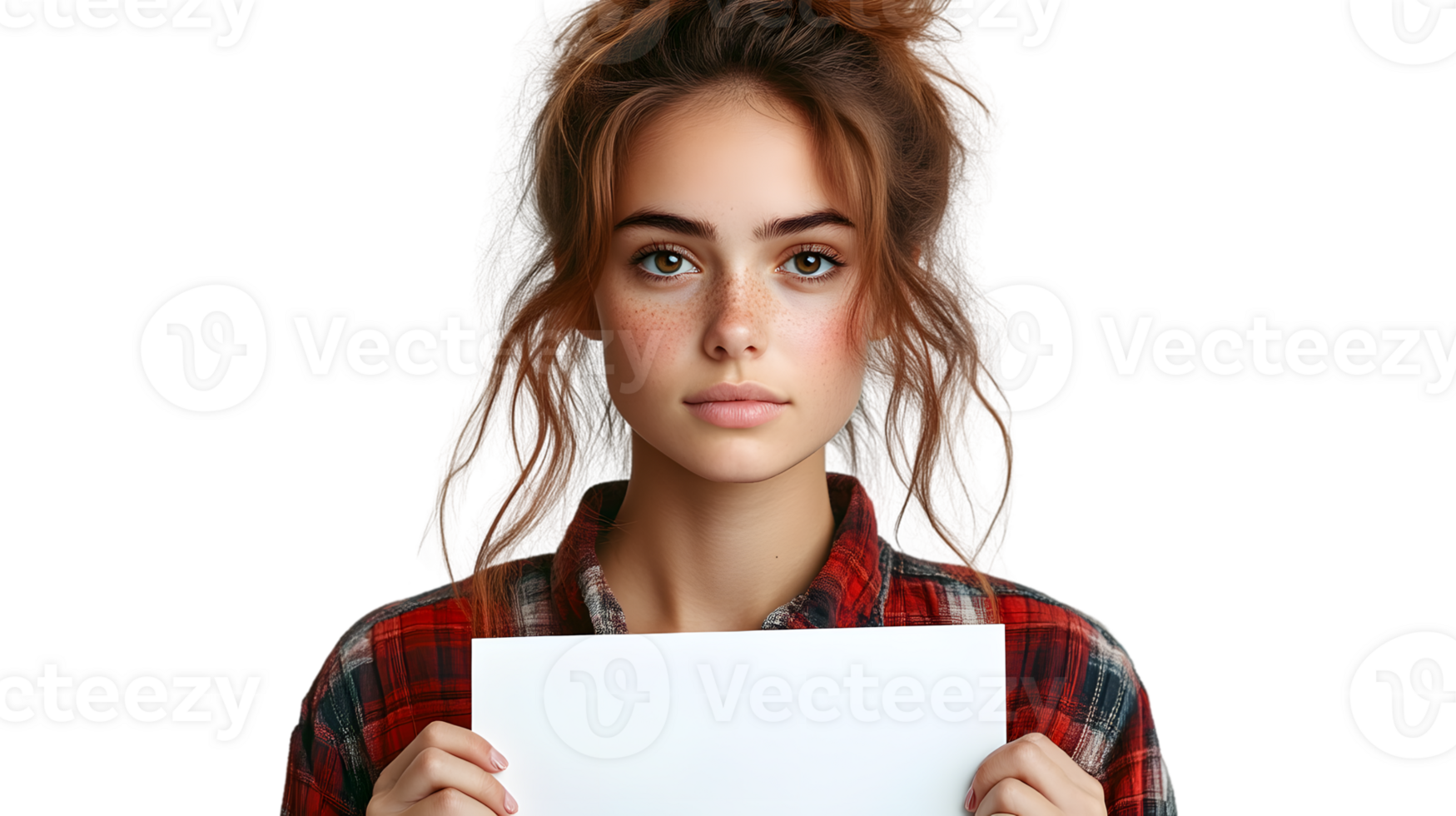 A person holding a blank sign ready for customization with a casual plaid shirt and natural h png
