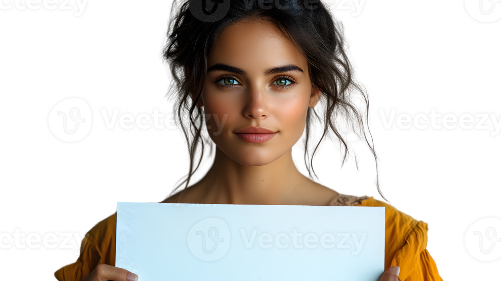 A person holding a blank sign ready for customization with a neutral expression and soft ligh png