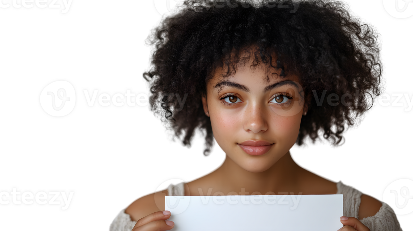 A person holding a blank sign with curly hair ideal for messaging and communication concepts png