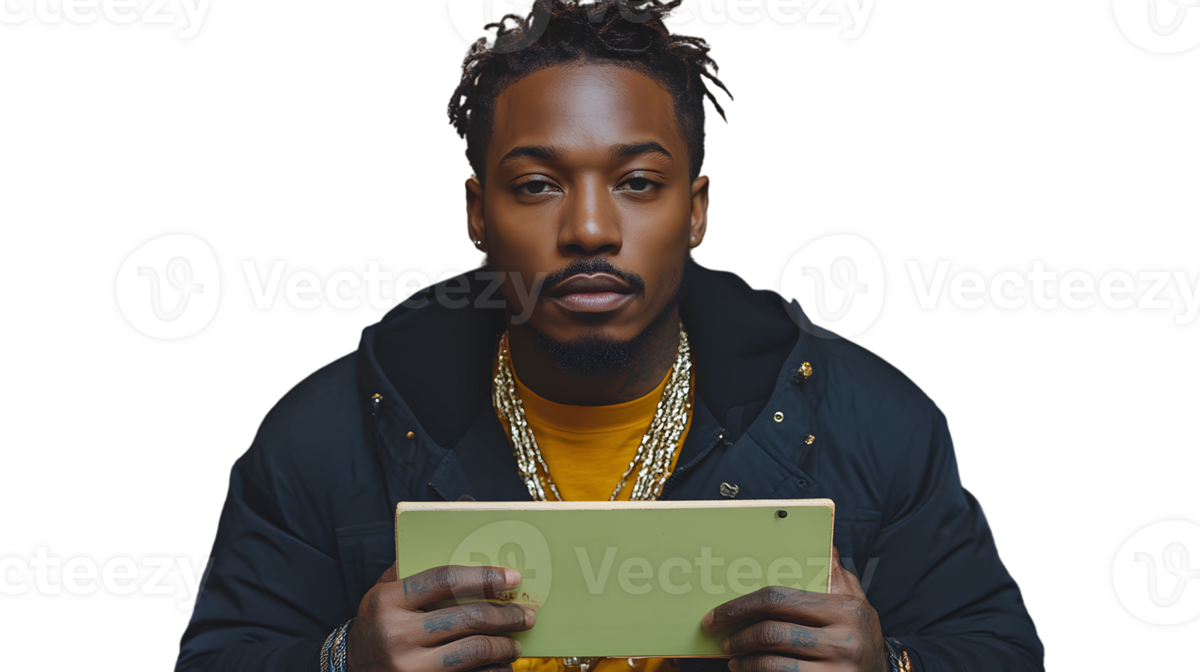 A person holding a clipboard dressed in stylish attire with gold accessories and tattoos png