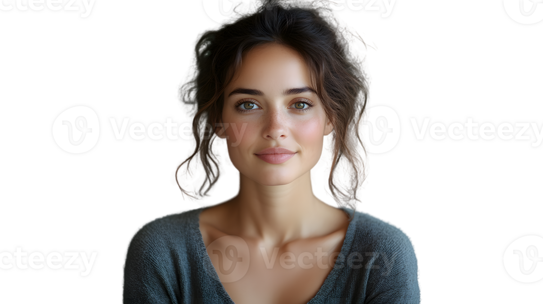 A woman with soft wavy hair and a gentle smile wearing a casual top against a black backgroun png
