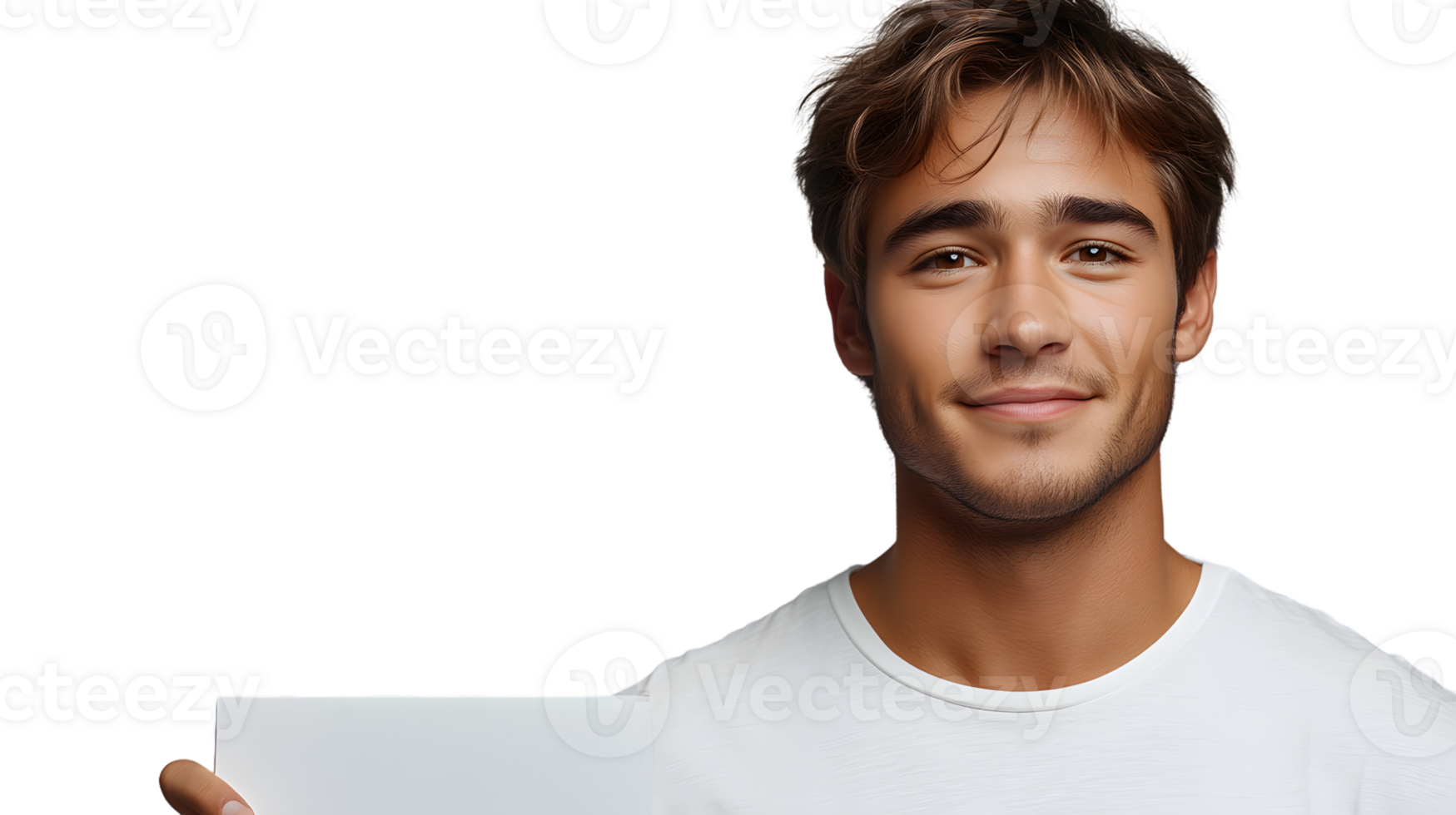 A young individual holding a blank paper smiling warmly against a black background png