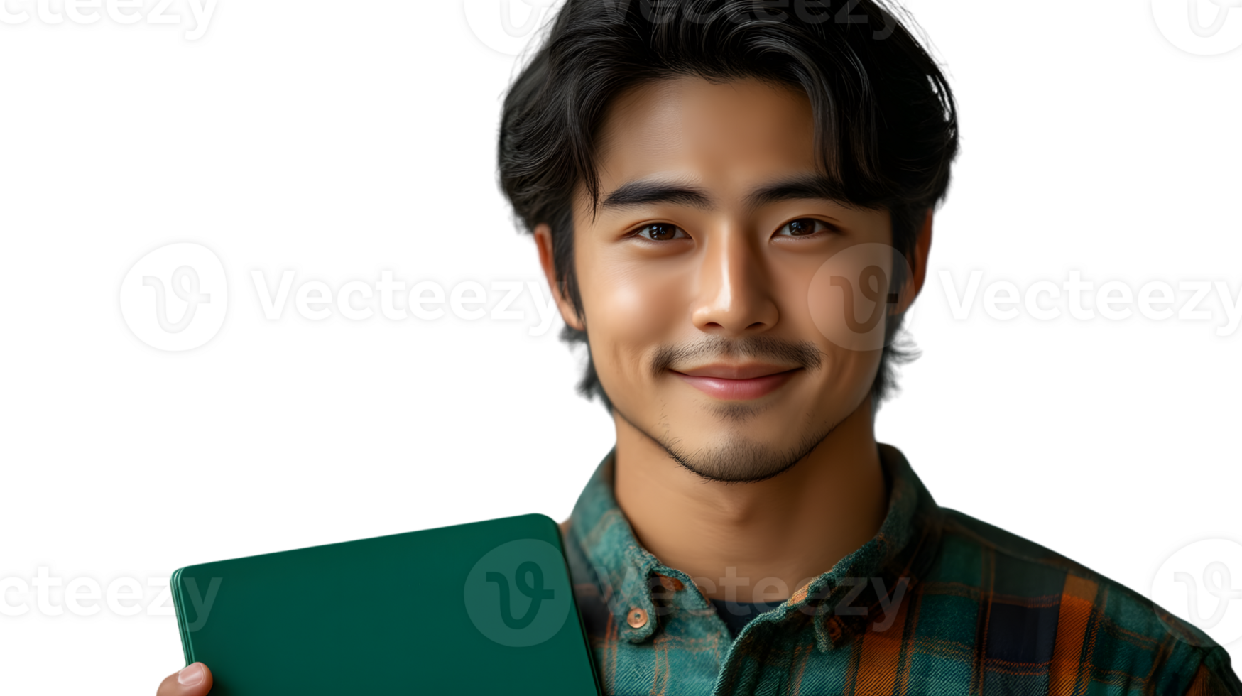 A young individual holding a tablet dressed in a plaid shirt with a friendly expression and p png