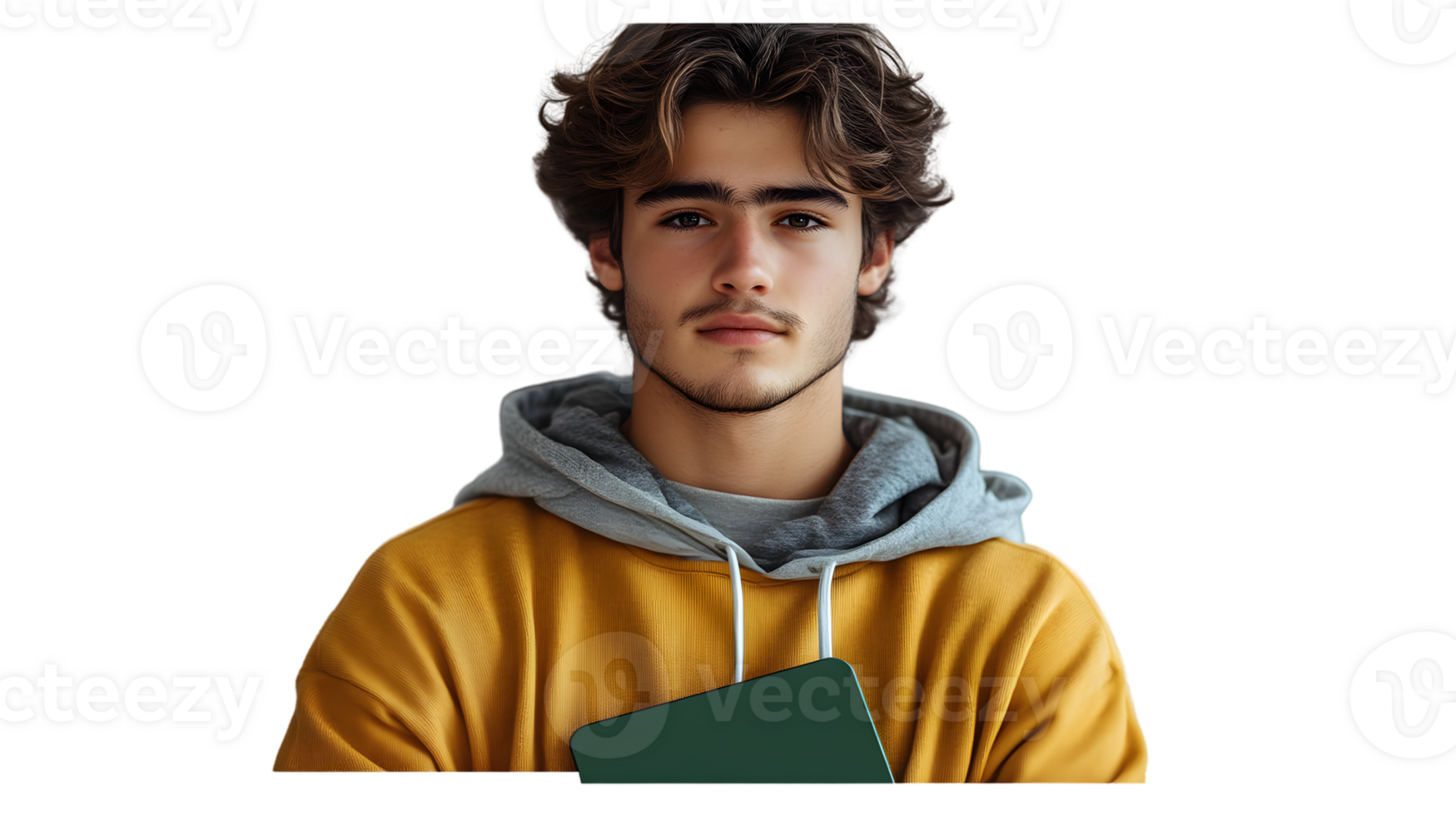A young individual in a stylish yellow hoodie holding a tablet perfect for tech and fashion th png