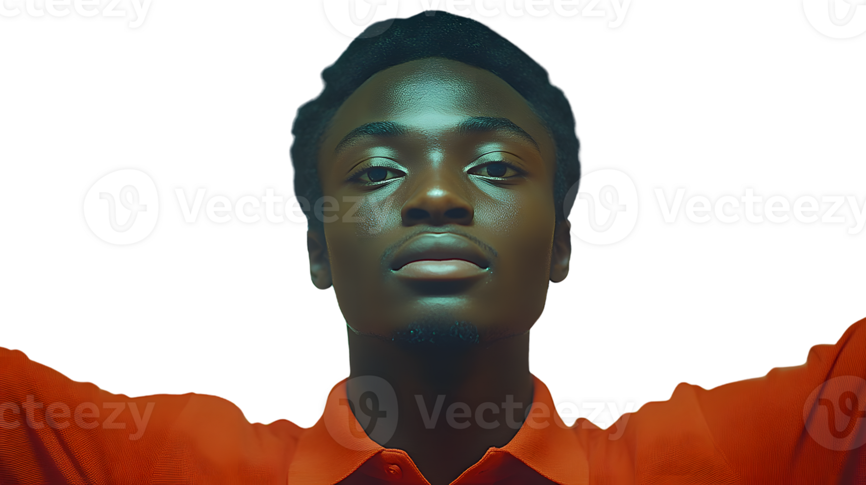 A young individual wearing an orange shirt and a cap captured in a closeup shot with a black png