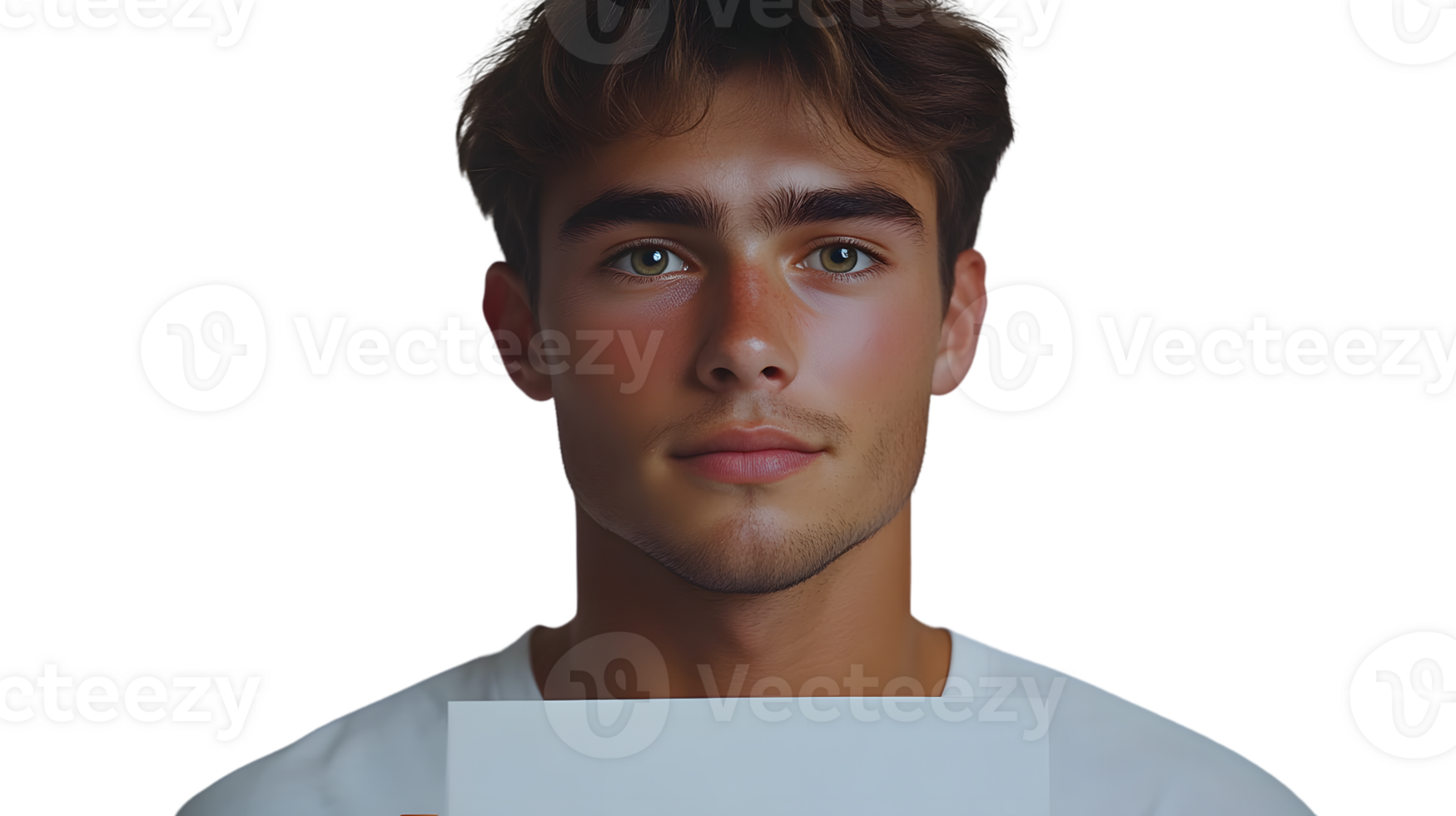 A young individual with a neutral expression wearing a white shirt and holding a blank paper png