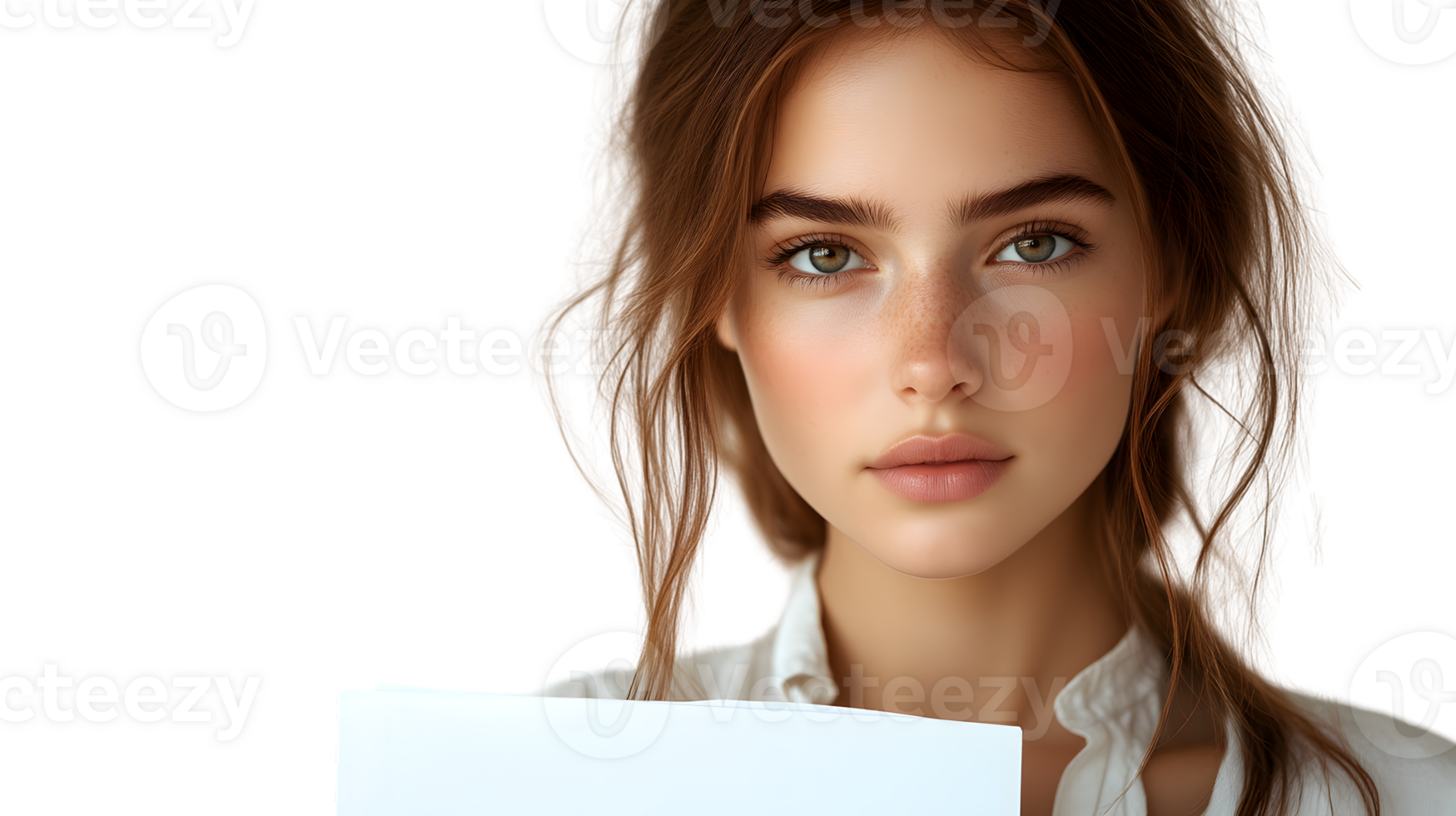 A young individual with a neutral expression holding a blank paper ideal for business and edu png