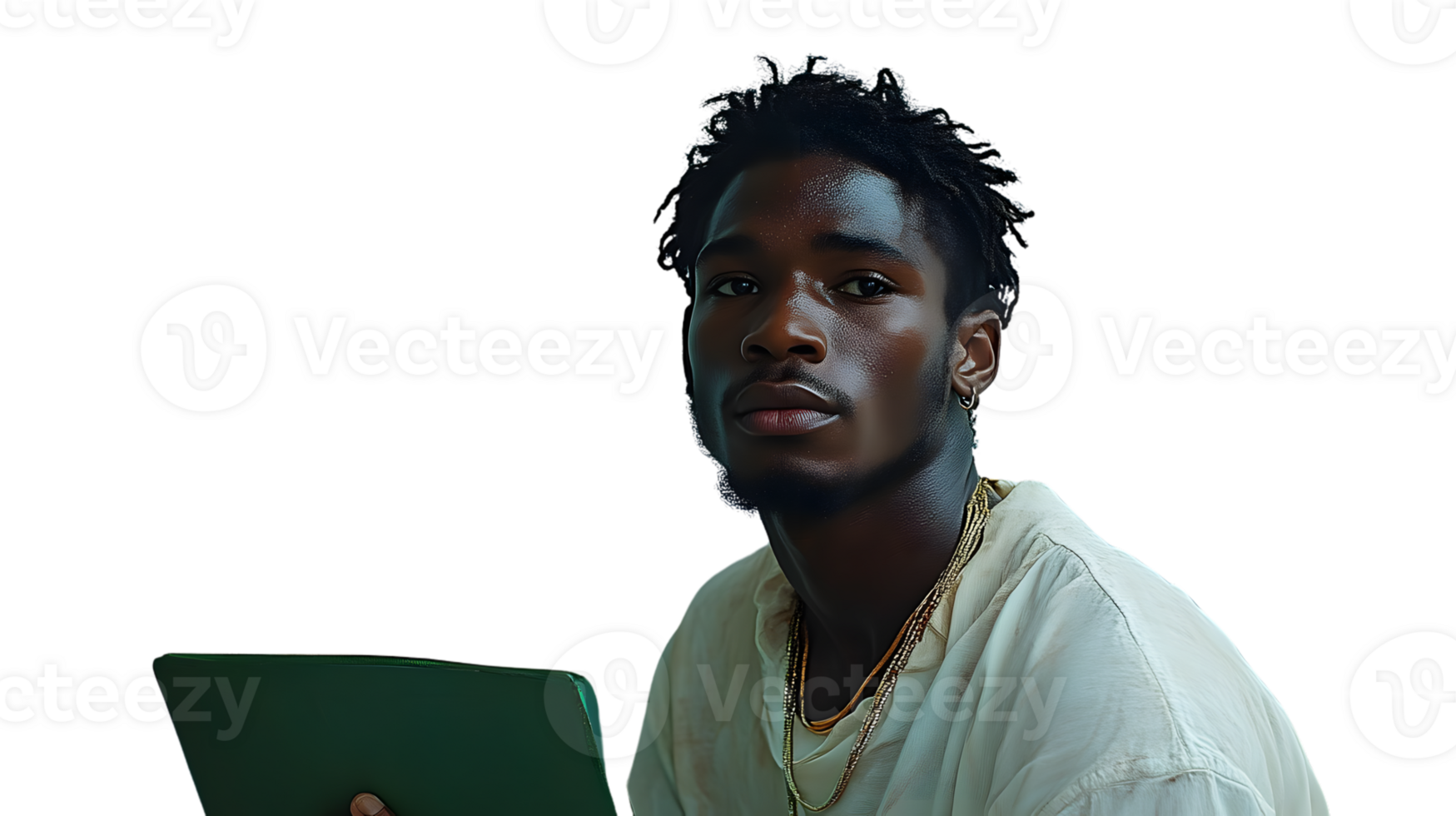 A young individual with a stylish appearance wearing gold chains and holding a green tablet ag png