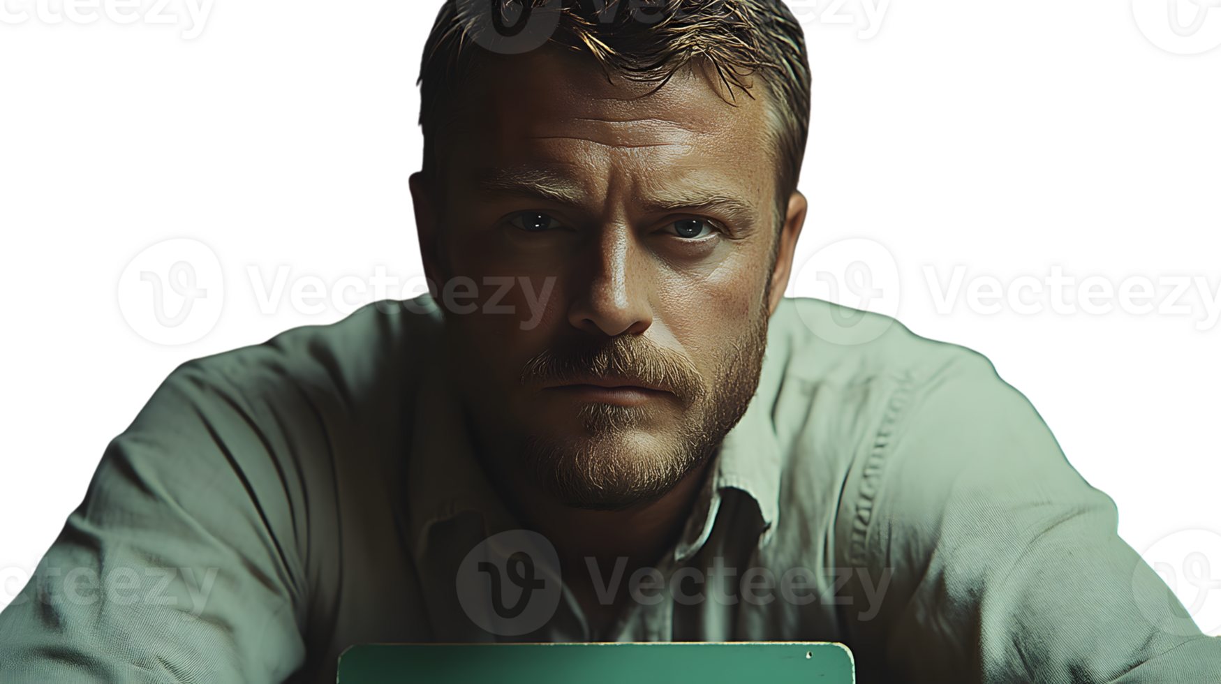 Closeup portrait of a man with a beard serious expression wearing a light shirt png