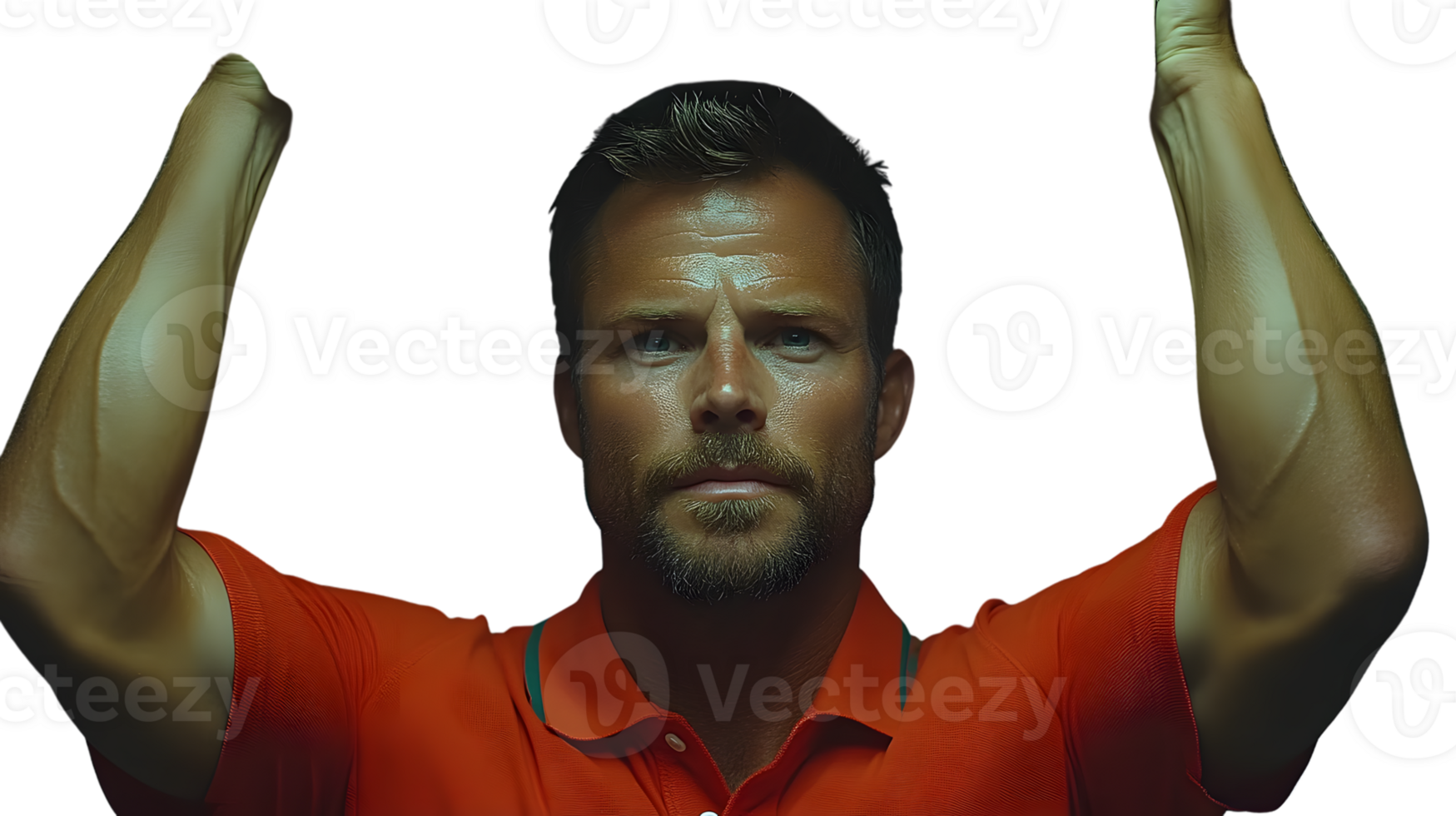 Closeup portrait of a man with arms raised intense expression png