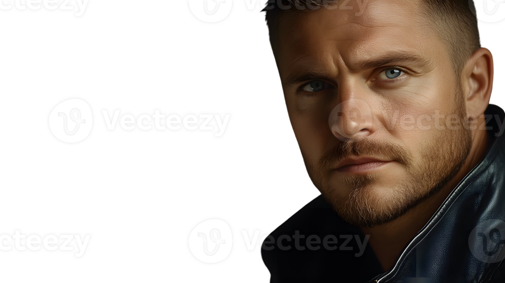 Closeup portrait of a man with blue eyes and stubble wearing a leather jacket on black backgr png