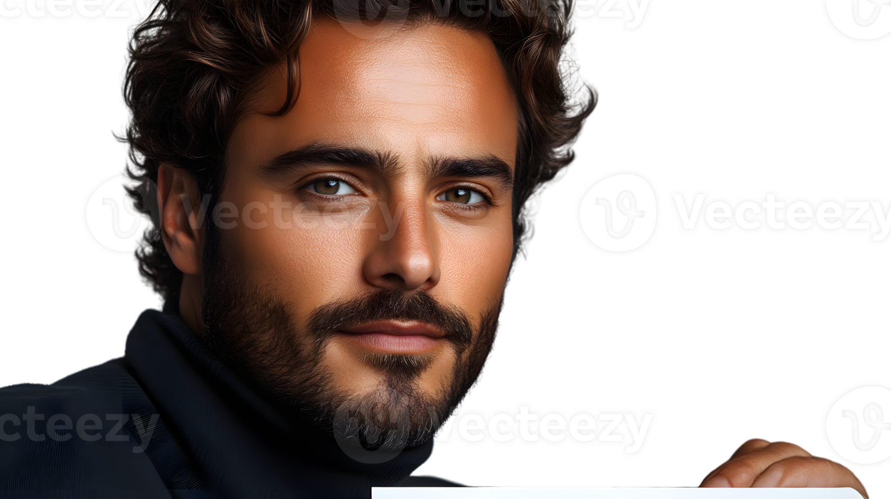 Closeup portrait of a man with brown hair and beard holding a blank sign png
