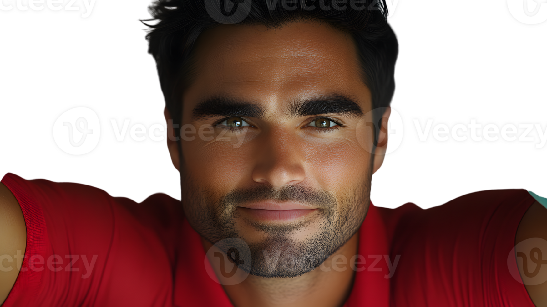 Closeup portrait of a man with dark hair and brown eyes wearing a red shirt png