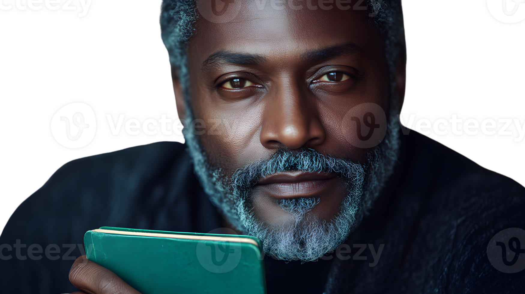 Closeup portrait of a man with graying beard holding a book png