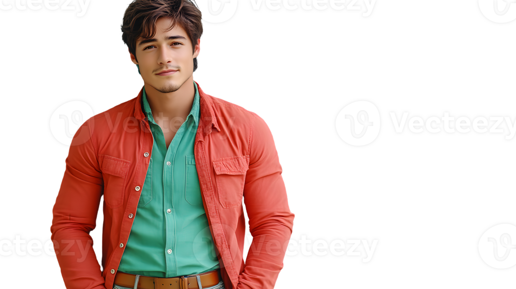 Stylish Man in Casual Attire Orange Jacket Over Green Shirt Handsome Male Model Posing with C png