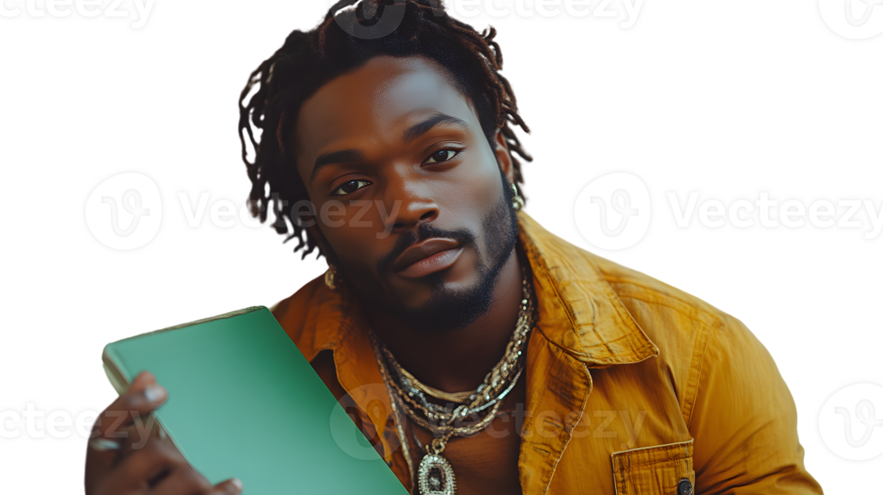 Stylish man with teal tablet fashionable portrait png