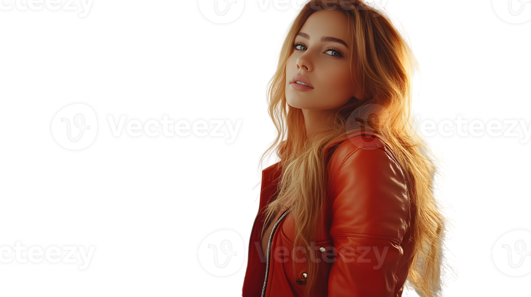 Stylish Woman in Red Leather Jacket with Long Blonde Hair Fashionable and Trendy Look for Mode png
