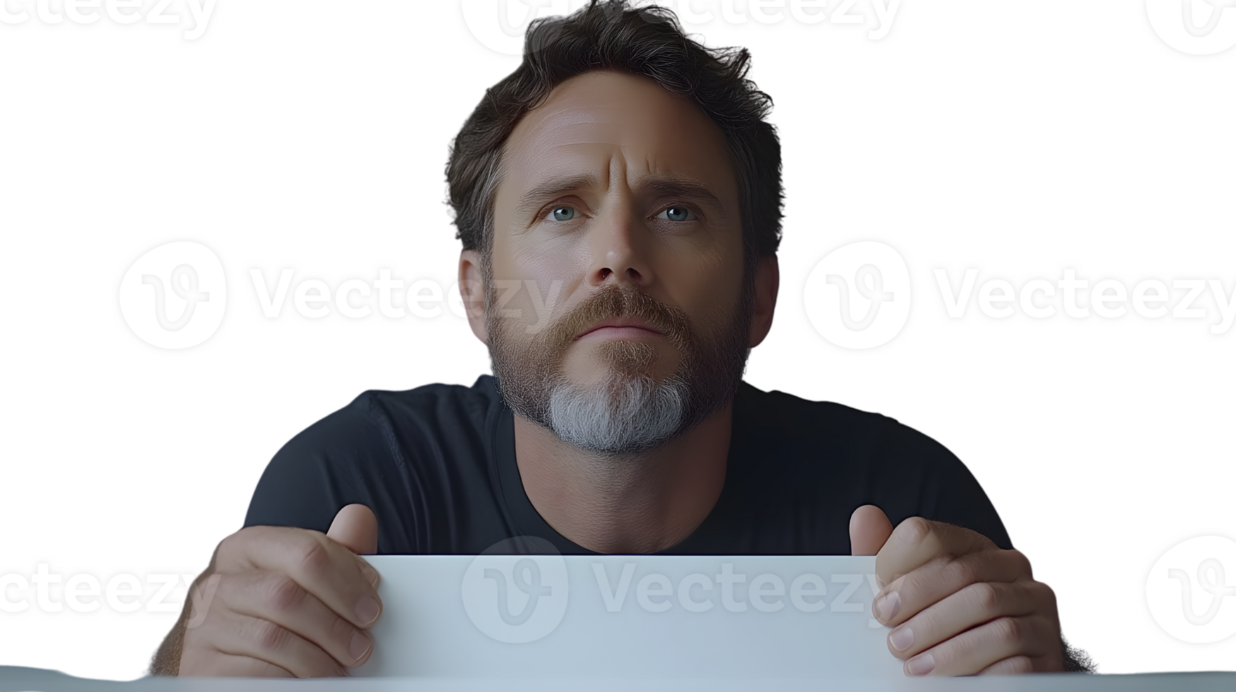 Thoughtful Man with Beard Holding a Blank Sign png