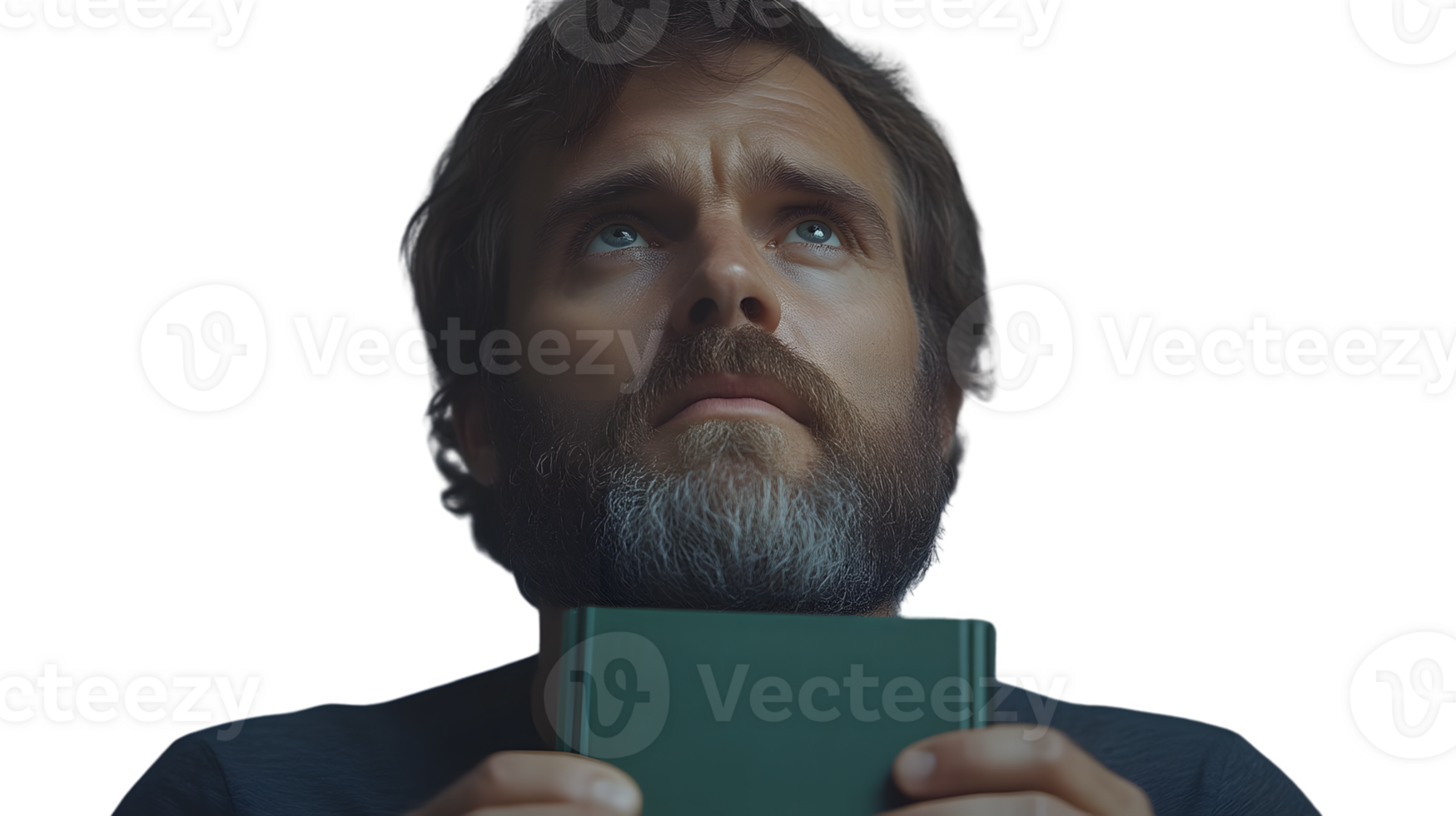 Thoughtful Man with Beard Holding a Book Looking Upward Expressive Face Literary Inspiration png