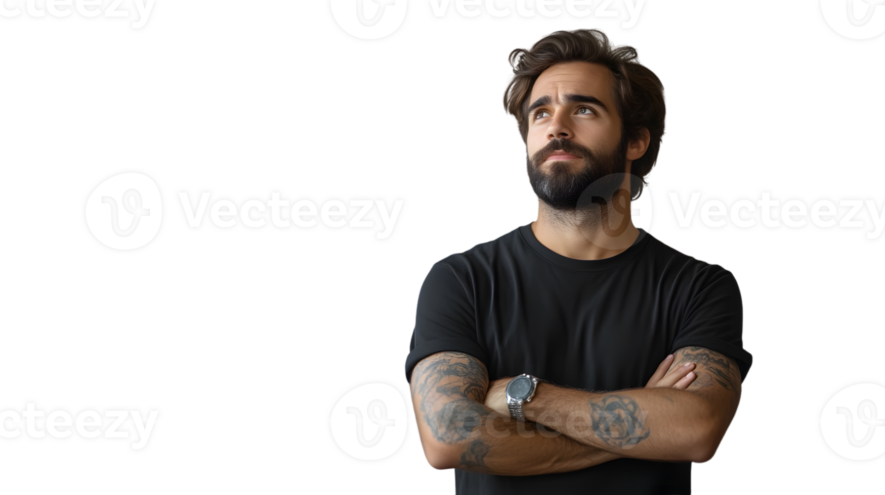 Thoughtful Man with Tattoos and Beard Wearing a Black TShirt Arms Crossed Looking Upward Aga png