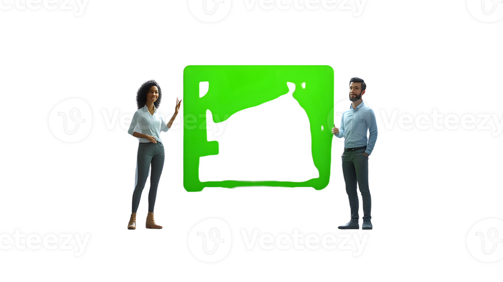 Two individuals presenting a green screen with a black silhouette ideal for virtual presentati png
